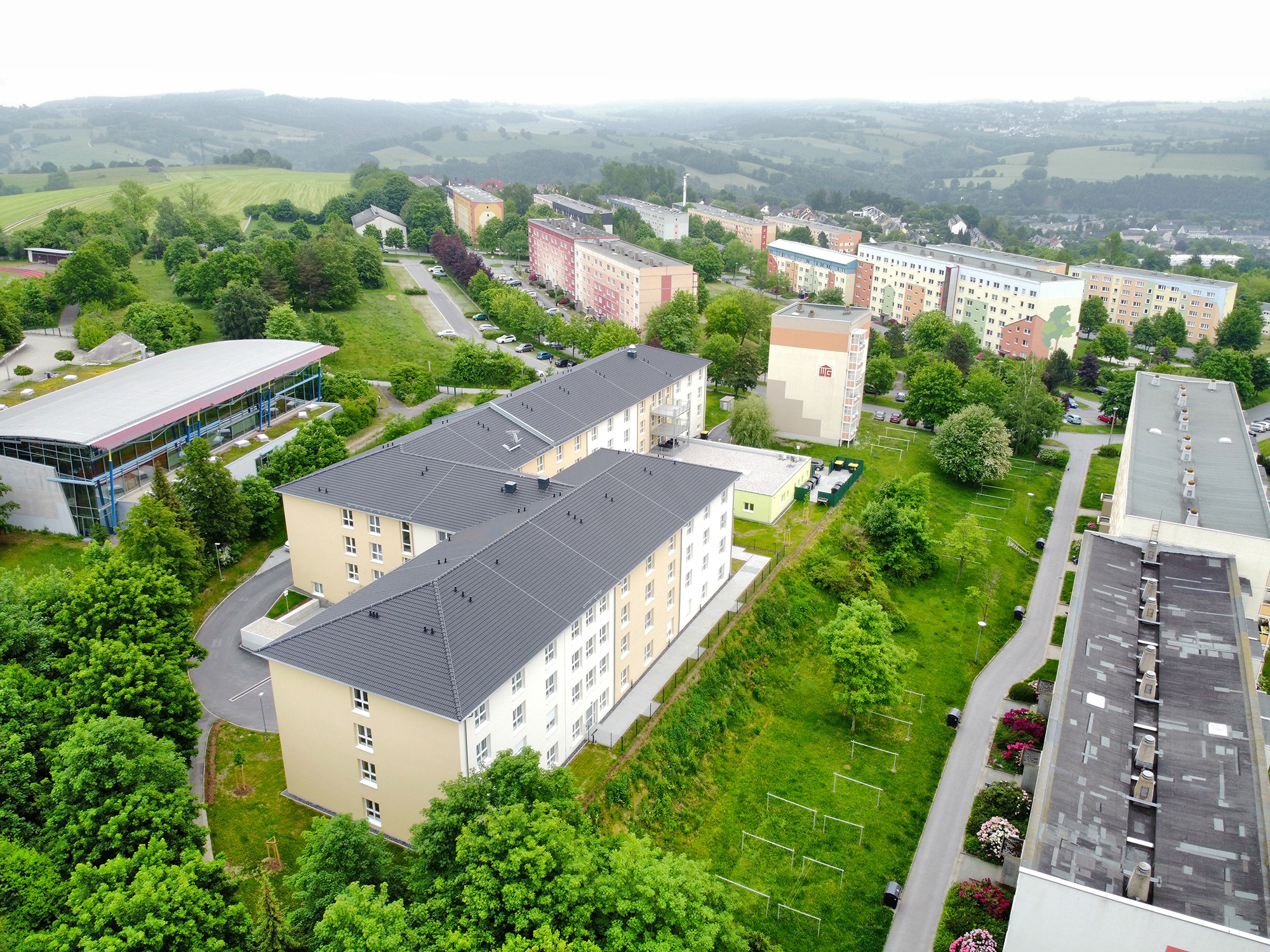 Drohnenansicht des Altenheims in Zschopau